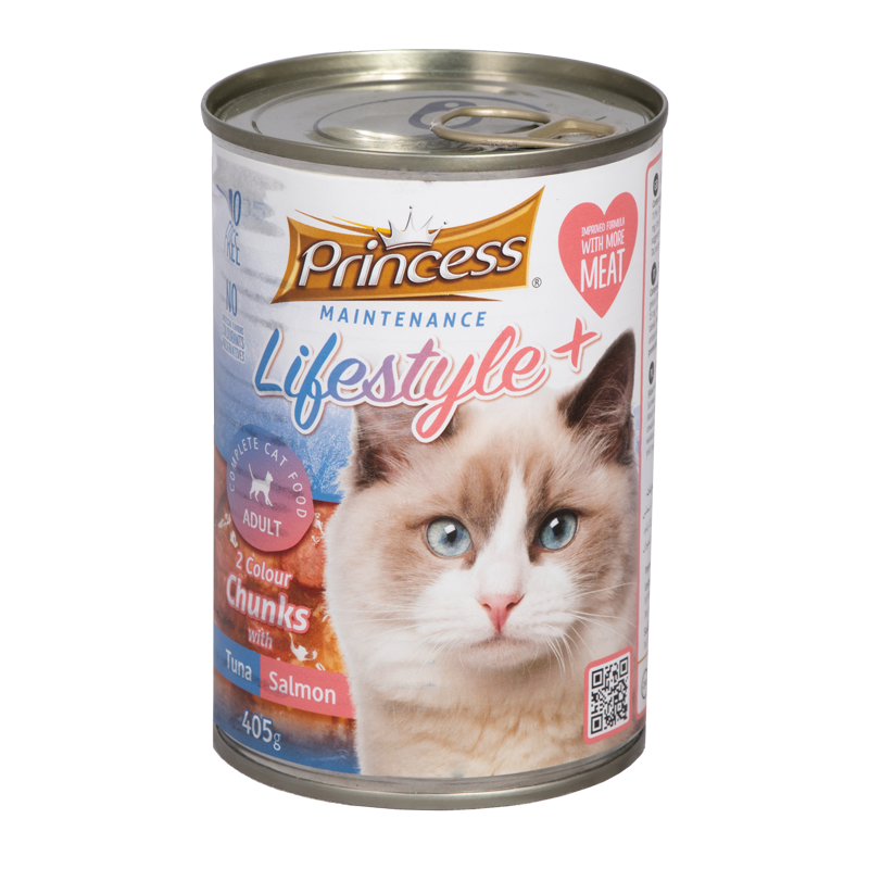  عکس بسته بندی کنسرو غذای گربه پرینسس مدل LifeStyle+ Tuna & Salmon وزن ۴۰۵ گرم 