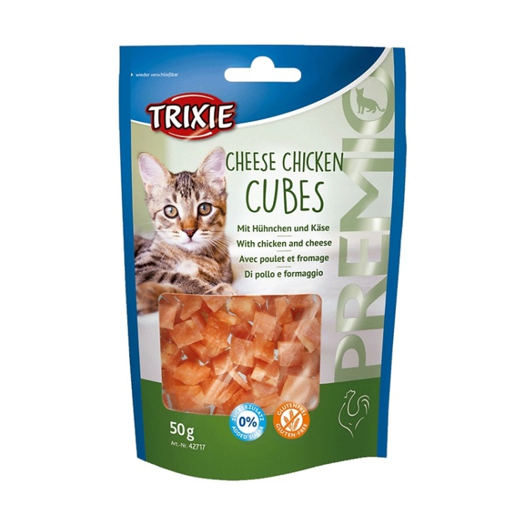 تصویر محتویات تشویقی گربه تریکسی با طعم پنیر و مرغ Trixie Cheese Chicken Cubes وزن 50 گرم