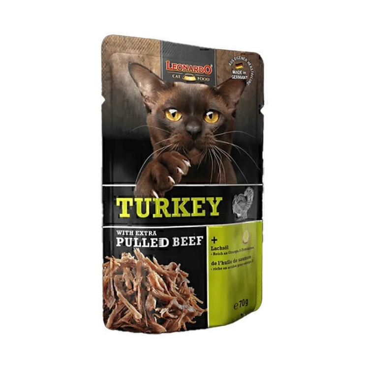تصویر محتویات پوچ گربه لئوناردو با طعم بوقلمون و گوشت Leonardo Turkey & Pulled Beef وزن 70 گرم