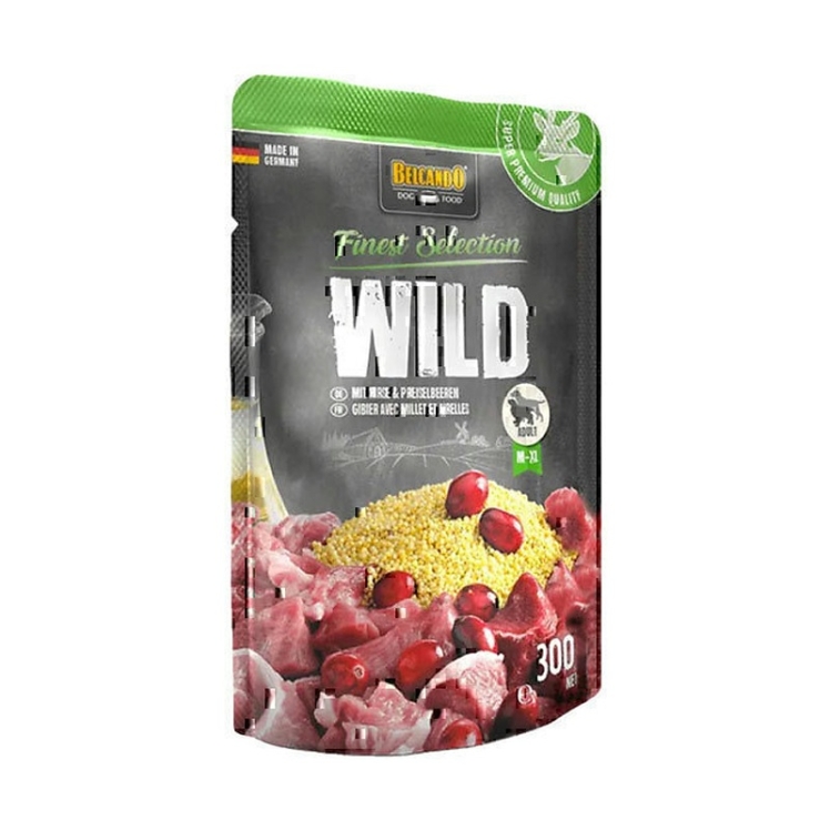 عکس محتویات پوچ سگ بلکاندو با طعم گوشت, پاستا و کدو Belcando Wenison With Millet & Lingoberry در بشقاب