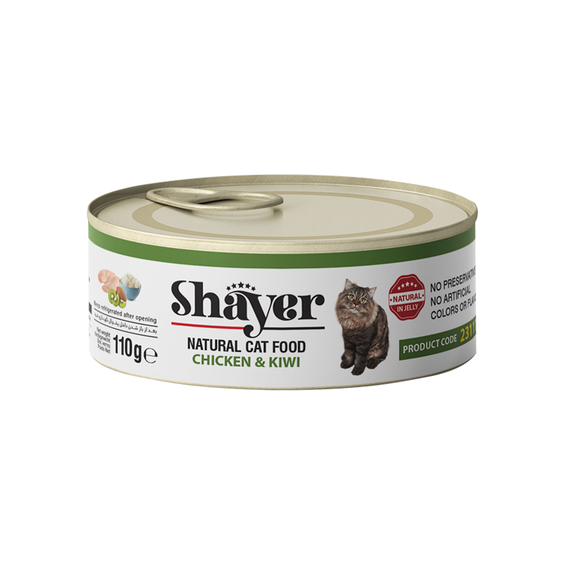  تصویر بسته بندی کنسرو غذای گربه شایر با طعم مرغ و کیوی در ژله Shayer Natural With Chicken & Kiwi in Jelly وزن 110 گرم 