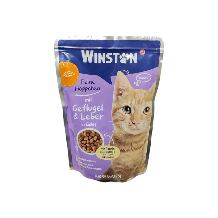 تصویر پوچ گربه وینستون با طعم جگر مرغ در سس مرغ Winston Chicken Liver In Chicken Sauce وزن 100 گرم