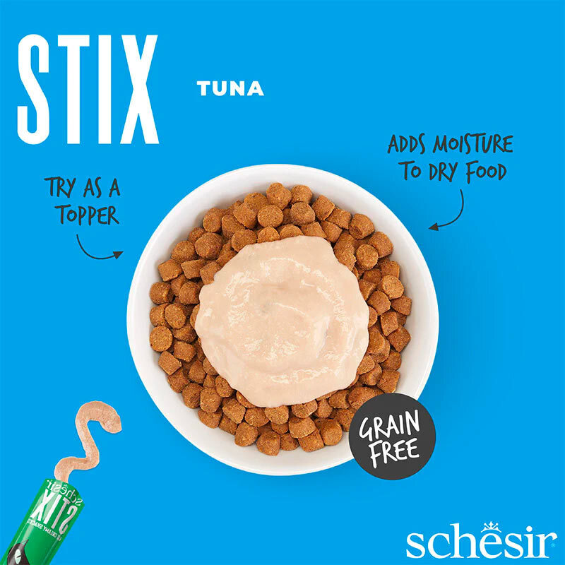  تصویر محتویات بستنی گربه شسیر با طعم ماهی تن Schesir Stix Tuna Flavour Cream Snacks بسته 6 عددی 