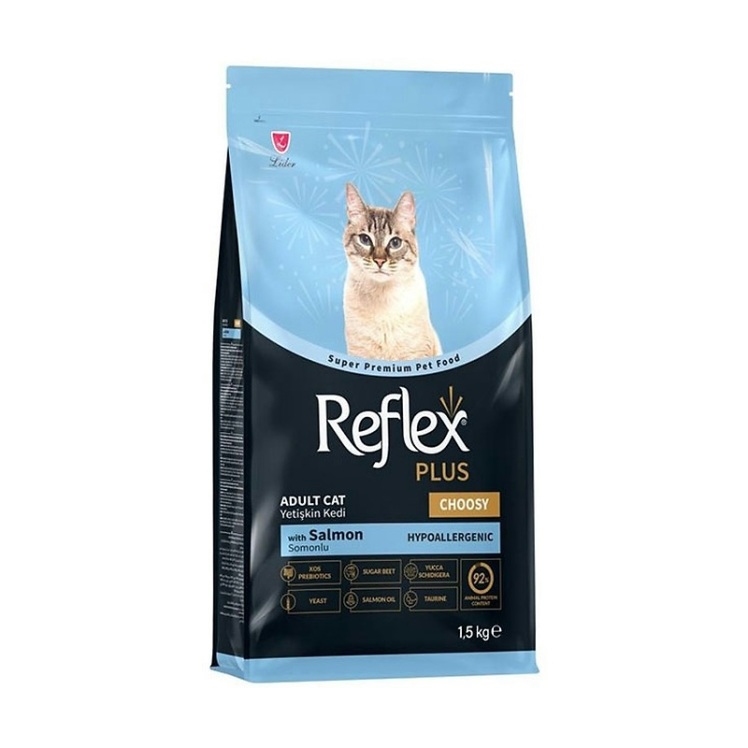 عکس بسته بندی غذای خشک گربه مناسب گربه بد غذا با طعم ماهی سالمون رفلکس پلاس Reflex Plus Choosy with Salmon وزن 1.5 کیلوگ