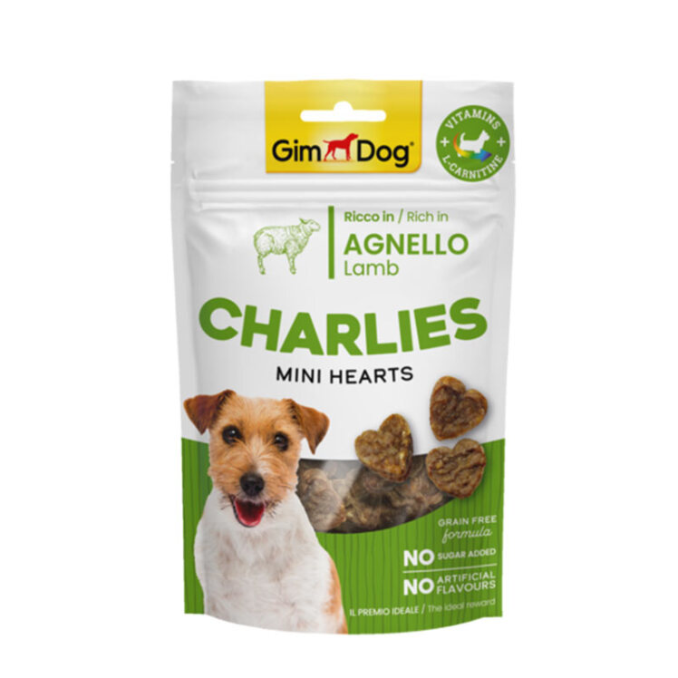 عکس تشویقی سگ جیم داگ چارلیز با طعم گوشت گوساله GimDog Charlies Mini Hearts Lamb Dog Treat وزن 70 گرم