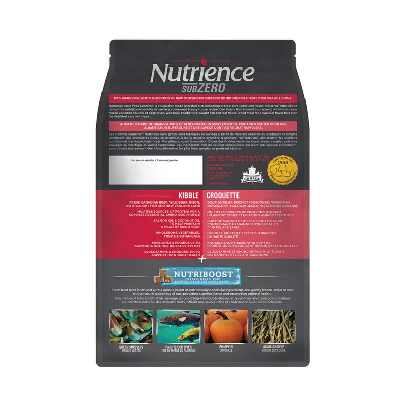  تصویر بسته بندی غذای خشک گربه نوترینس با طعم گوشت Nutrience Subzero Prairie Red وزن 2.27 کیلوگرم از پشت 