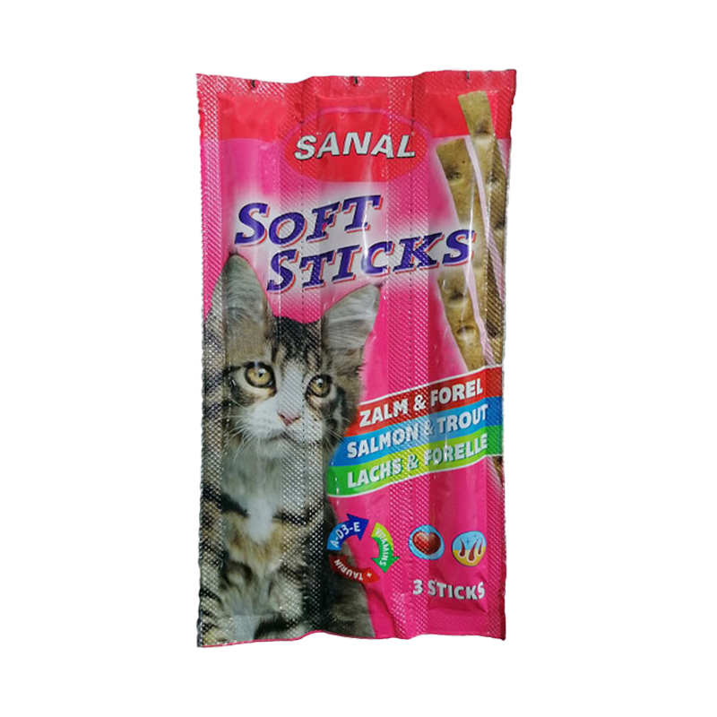  تشویقی مدادی گربه سانال با طعم سالمون و قزل آلا Sanal Soft Sticks Salmon & Trout بسته 3 عددی 