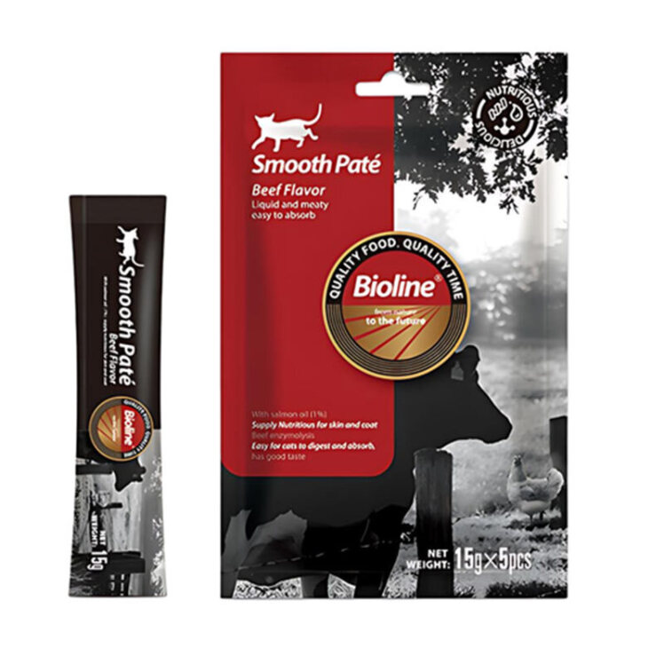 عکس بستنی گربه بایولاین با طعم گوشت گاو Bioline Smooth Pate with Beef بسته 5 عددی