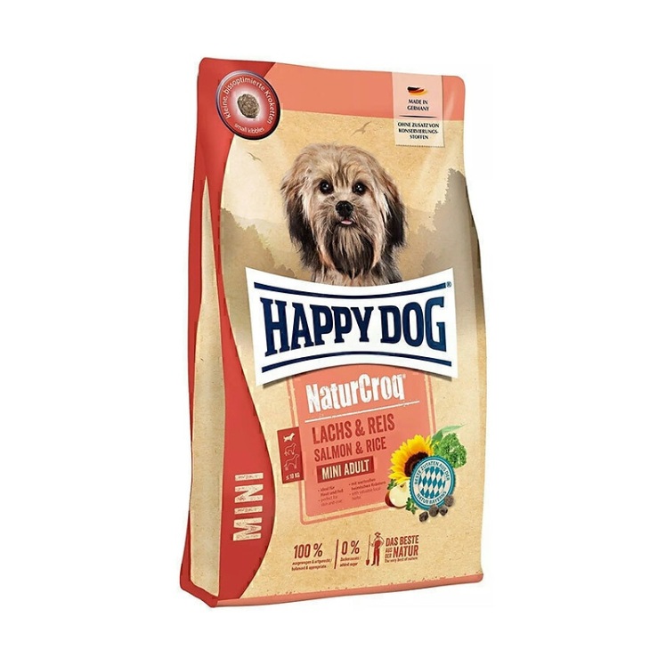 عکس بسته‌بندی پشت غذای خشک سگ بالغ نژاد کوچک هپی داگ با طعم مرغ و سالمون Happy Dog NaturCroq Mini Adult وزن 4 کیلوگرم