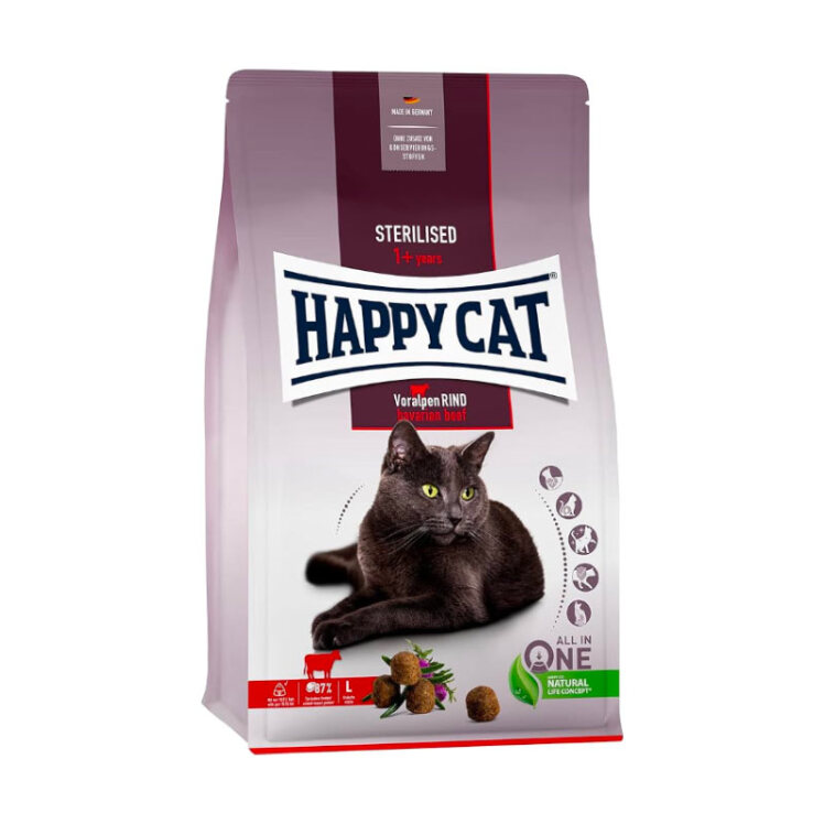 تصویر غذای خشک گربه هپی کت با طعم گوشت بره HappyCat Sterilised Voralpen Rind وزن 4 کیلوگرم از نمای رو به رو