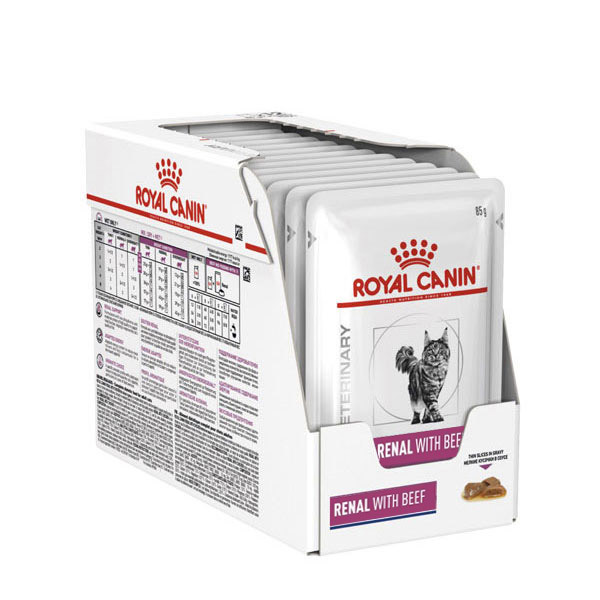 تصویر بسته بندی پوچ گربه رنال رویال کنین با طعم گوشت گاو Royal Canin Renal Beef بسته ۱۲ عددی 
