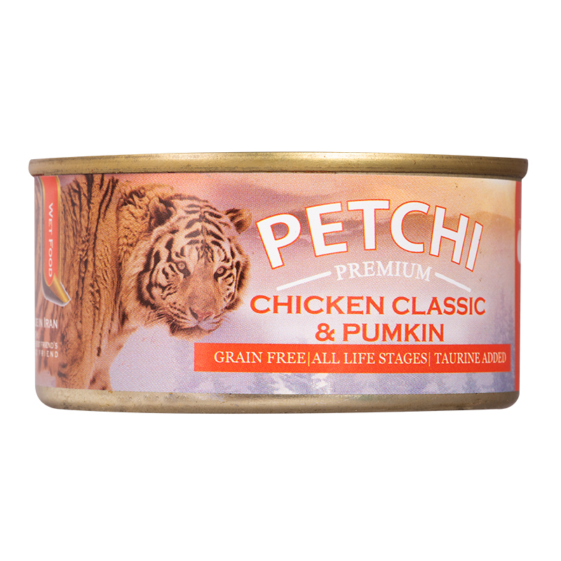  عکس تبلیغاتی بسته بندی کنسرو غذای گربه پتچی مدل Chicken Clussic & Pumpkin وزن 120 گرم 