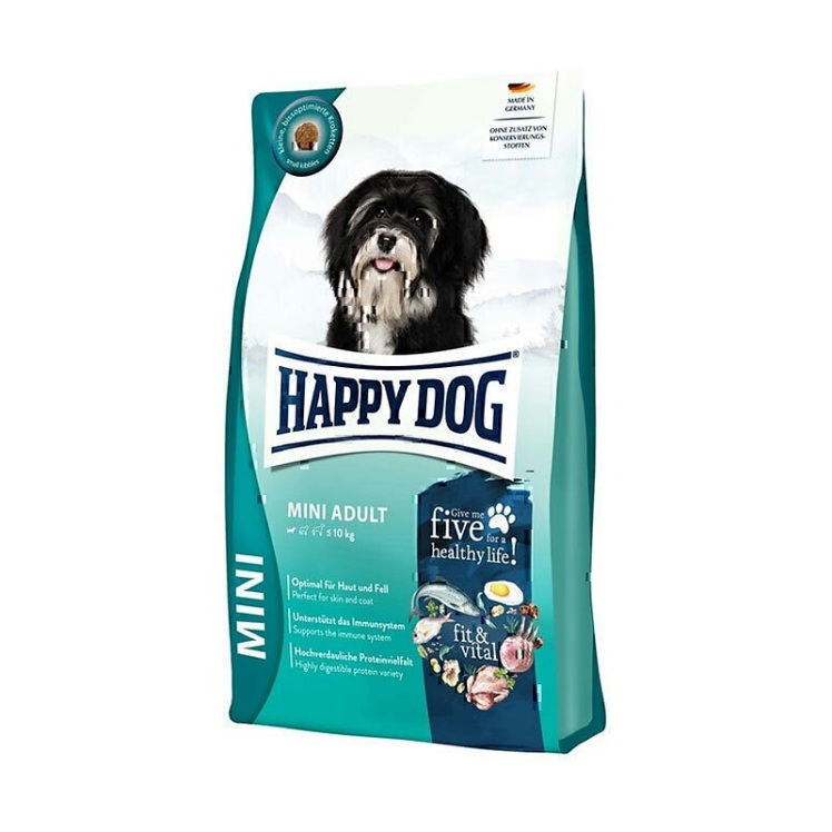 تصویر جزئیات محتویات غذای خشک سگ بالغ نژاد کوچک هپی داگ Happy Dog Mini Adult Fit & Vital وزن 10 کیلوگرم