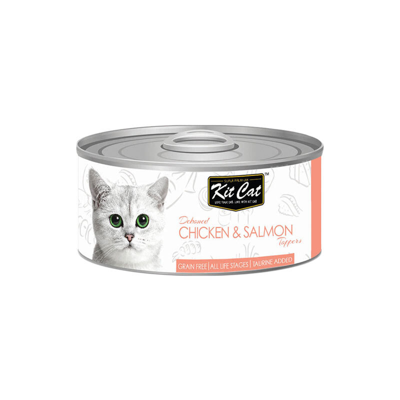  تصویر کنسرو غذای گربه کیت کت با طعم مرغ و ماهی سالمون KitCat Chicken & Salmon وزن 80 گرم 