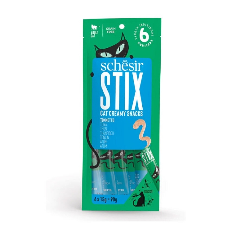تصویر بستنی گربه شسیر با طعم ماهی تن Schesir Stix Tuna Flavour Cream Snacks بسته 6 عددی از نمای پشت
