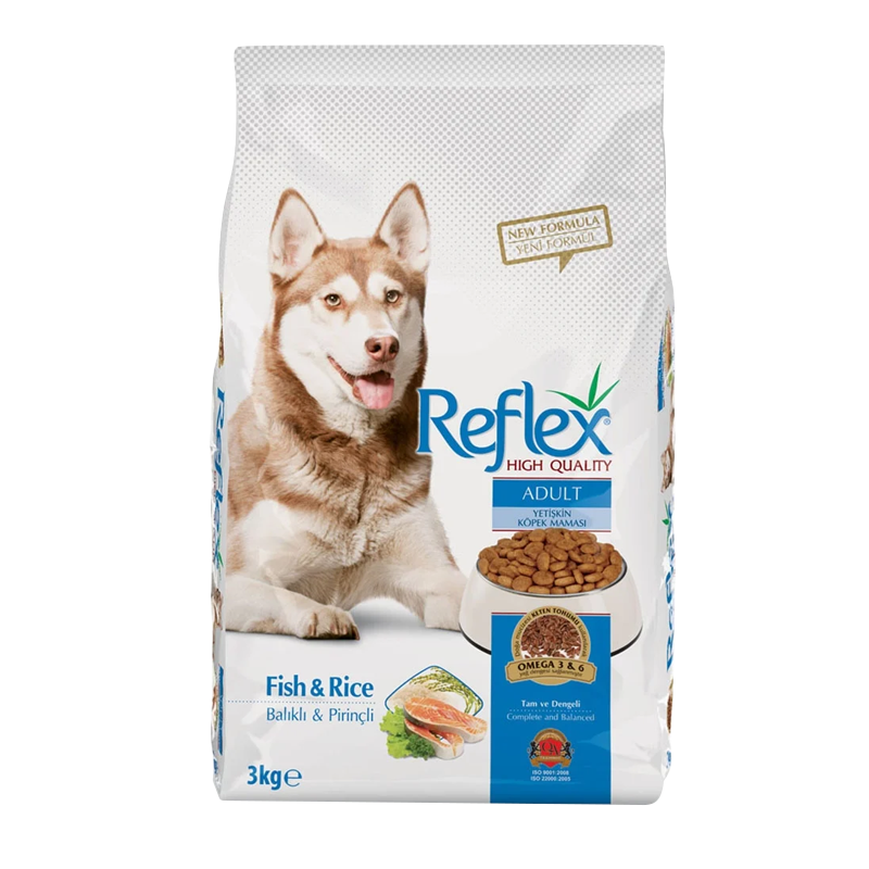  عکس روی بسته بندی غذای خشک سگ رفلکس مدل Adult Fish & Rice وزن 3 کیلوگرم 