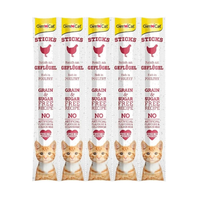 تصویر داخل بسته بندی تشویقی مدادی گربه جیم کت با طعم گوشت پرندگان GimCat Poultry Stick بسته 5 عددی