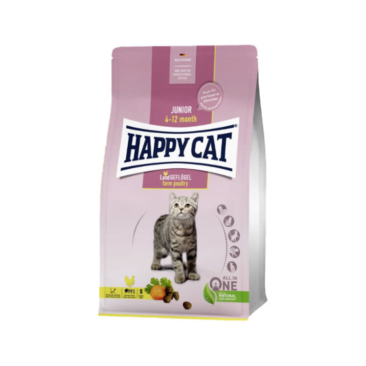 تصویر غذای خشک بچه گربه هپی کت با طعم گوشت پرندگان HappyCat Junior Farm Poultry وزن 4 کیلوگرم