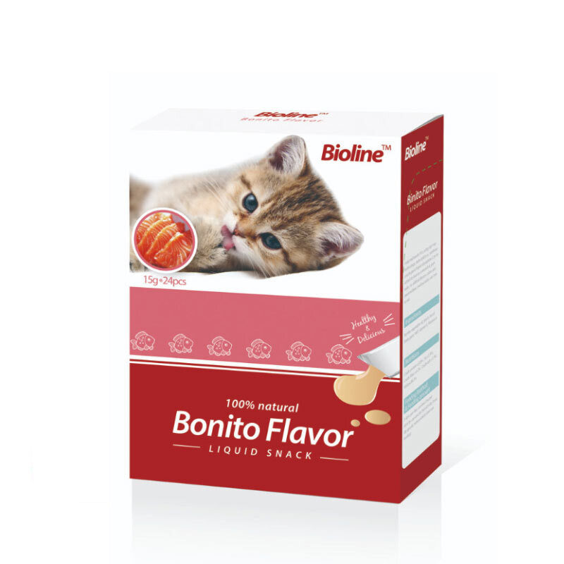  تصویر بستنی گربه بایولاین با طعم ماهی بونیتو Bioline Bonito Flavor بسته 24 عددی 