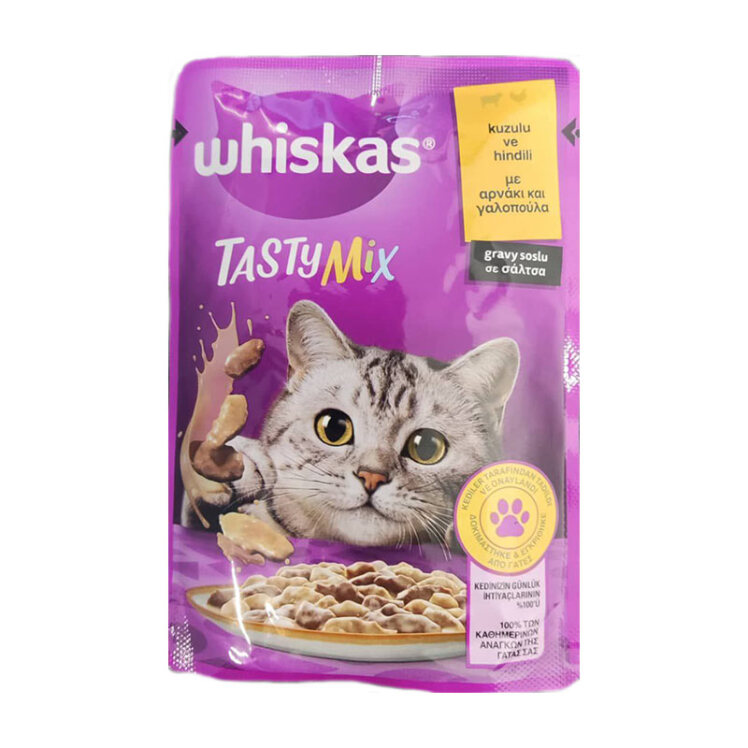 عکس پوچ گربه ویسکاس با طعم میکس بره و بوقلمون در سس Whiskas Tasty Mix With Lamb & Turkey in Gravy وزن 85 گرم از نمای جلو