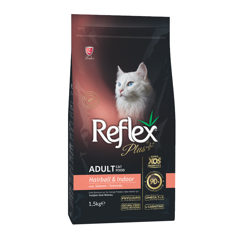 عکس بسته بندی غذای خشک گربه رفلکس پلاس مدل Hairball & Indoor with Salmon وزن 1.5 کیلوگرم 