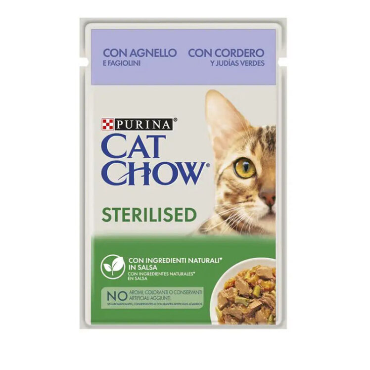عکس پوچ گربه عقیم شده پورینا کت چو با طعم بره و لوبیاسبز Purina Adult Cat Chow وزن 85 گرم