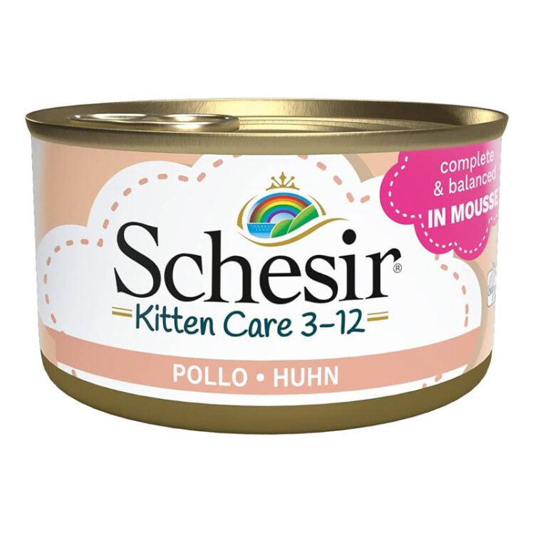 عکس بسته بندی کنسرو غذای بچه گربه شسیر با طعم مرغ Schesir Kitten Food With Chicken in Mousse وزن 85 گرم