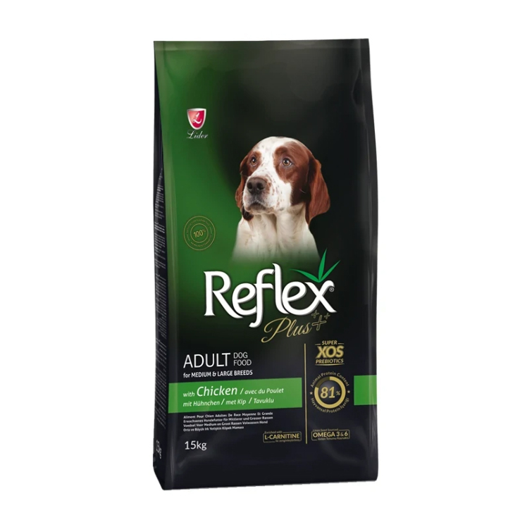 غذای خشک سگ بالغ نژاد متوسط و بزرگ با طعم مرغ رفلکس پلاس Reflex Plus Adult Medium & Large وزن 15 کیلوگرم رو به رو