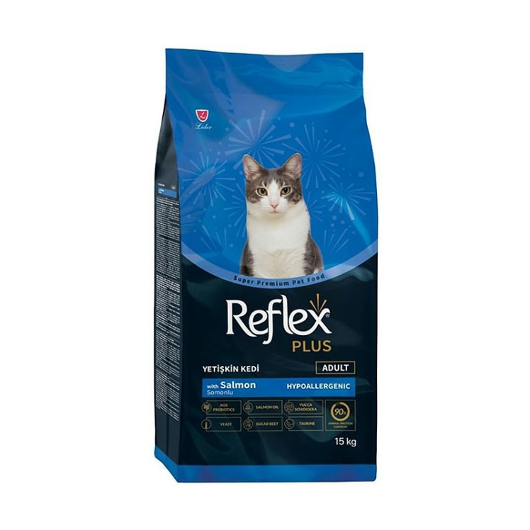 عکس بسته بندی غذای خشک گربه بالغ با طعم ماهی سالمون رفلکس پلاس Reflex Plus Adult Salmon وزن 1.5 کیلوگرم