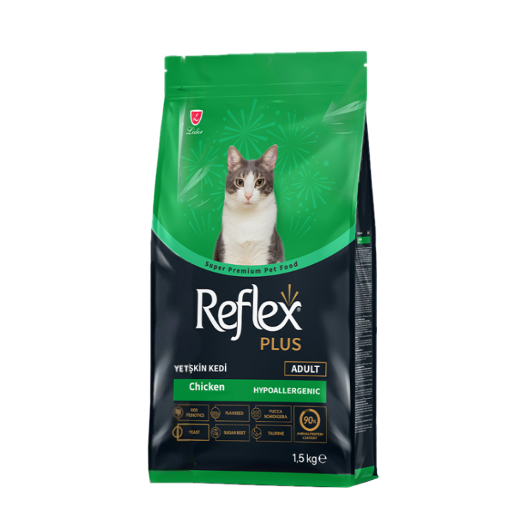 تصویر بسته بندی غذای خشک گربه بالغ با طعم مرغ رفلکس پلاس Reflex Plus Adult Chicken وزن 1.5 کیلوگرم