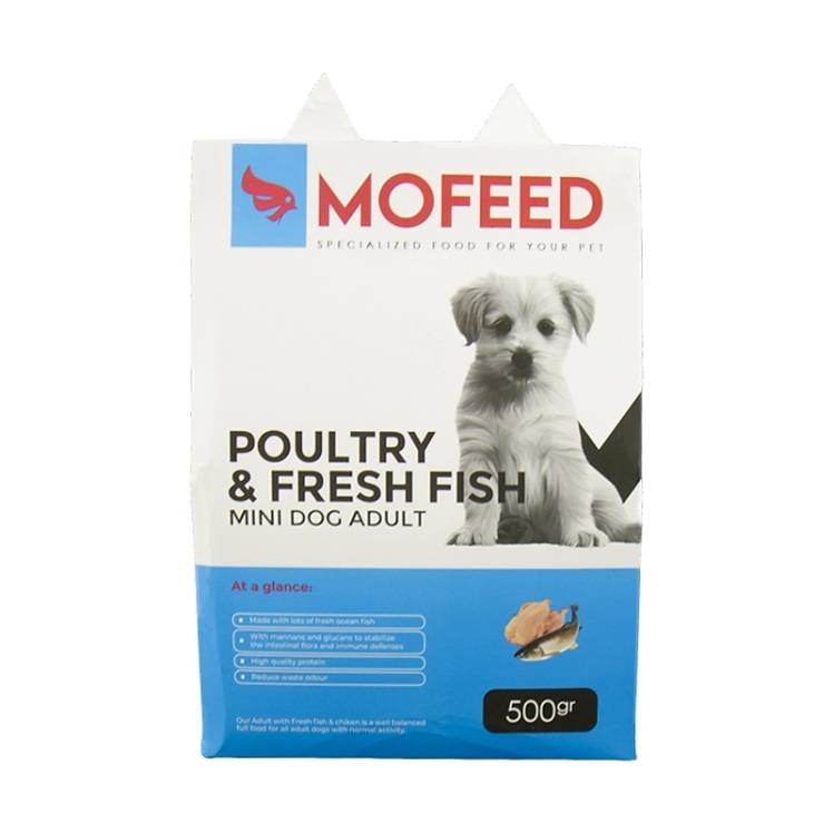 عکس پشت غذای خشک سگ نژاد کوچک بالغ مفید با طعم مرغ و ماهی MoFeed Poultry & Fresh Fish Mini Dog Adult Food وزن 500 گرم 