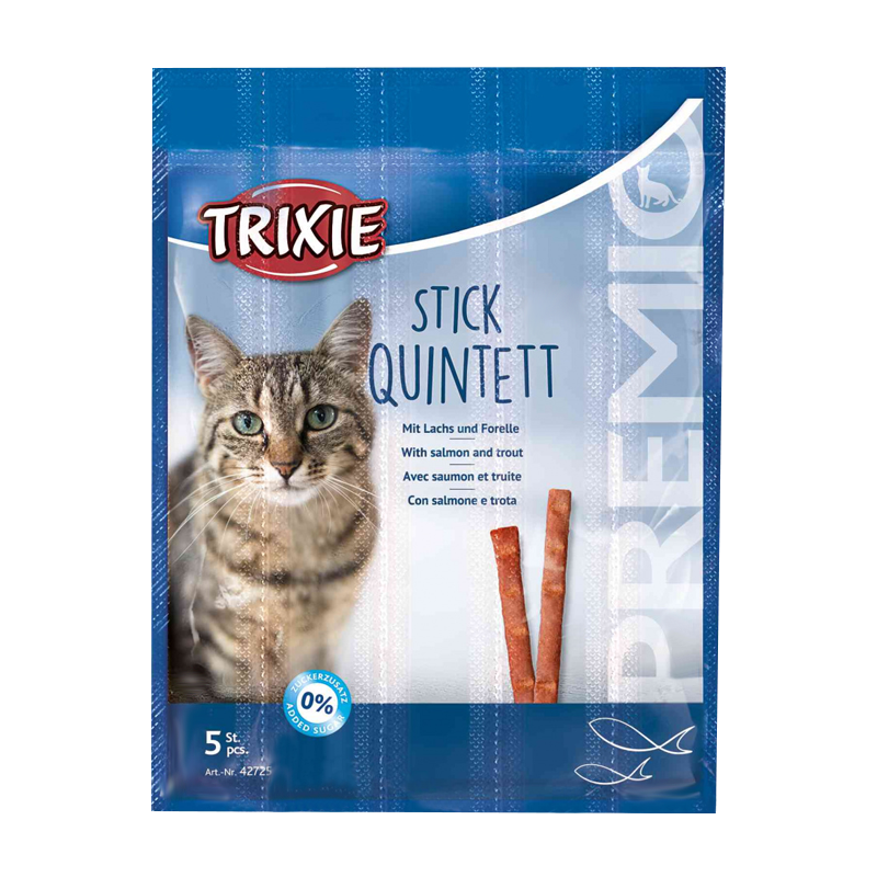  عکس بسته بندی تشویقی گربه تریکسی مدل Sticks Quintett با طعم سالمون و قزل‌ آلا بسته 5 عددی 