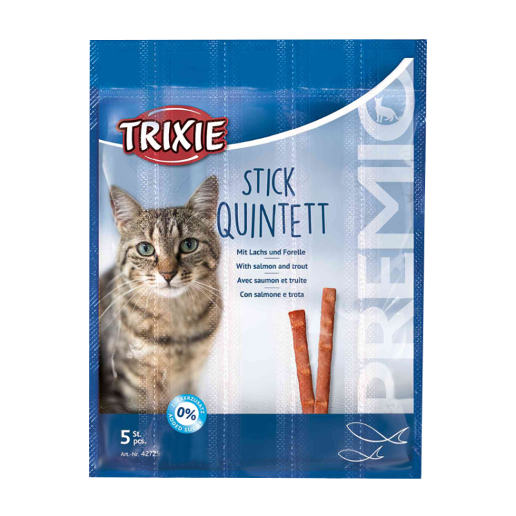 عکس بسته بندی تشویقی گربه تریکسی مدل Sticks Quintett با طعم سالمون و قزل‌ آلا بسته 5 عددی 