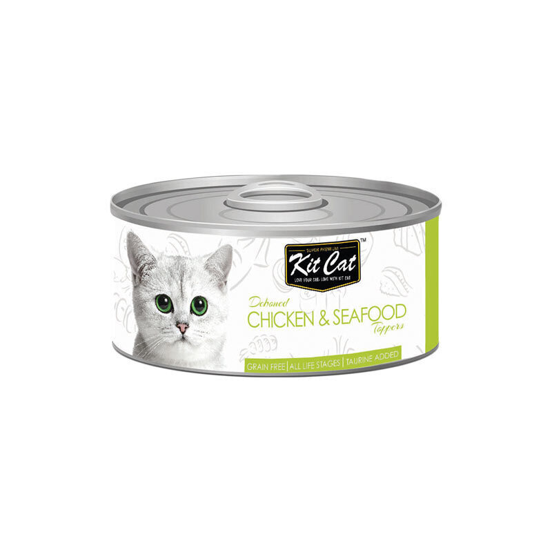  تصویر کنسرو غذای گربه کیت کت با طعم مرغ و غذای دریایی KitCat Chicken & Seafood وزن 80 گرم 