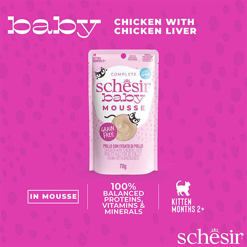  عکس توضیحات پوچ بچه گربه شسیر با طعم مرغ و جگر مرغ Schesir Baby Mousse With Chicken and Chicken Liver وزن 70 گرم 