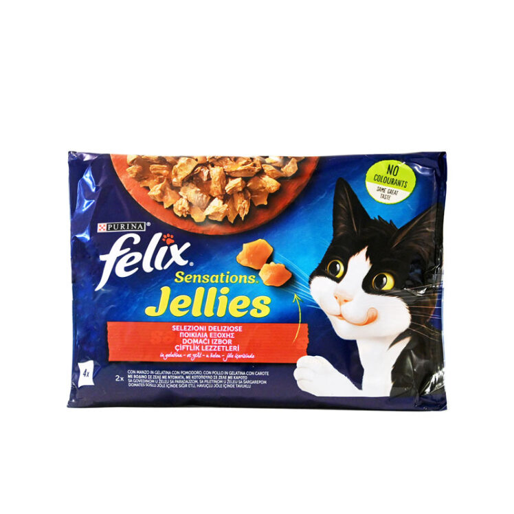 تصویر پوچ گربه فلیکس با طعم گوشت گاو و مرغ در ژله Felix With Beef & Chicken in Jelly بسته 4 عددی