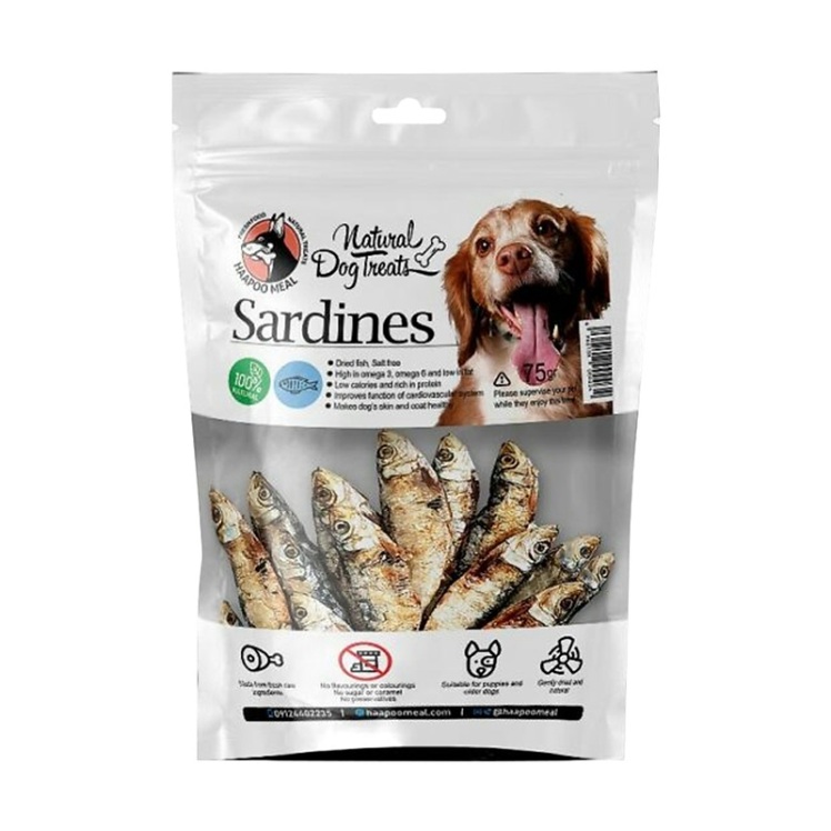 عکس محصول تشویقی سگ هاپومیل مدل Sardines وزن 75 گرم