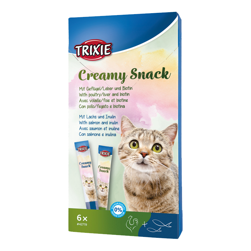  عکس بسته بندی بستنی گربه تریکسی مدل Creamy Snack با طعم ماهی سالمون و گوشت پرندگان بسته 6 عددی 