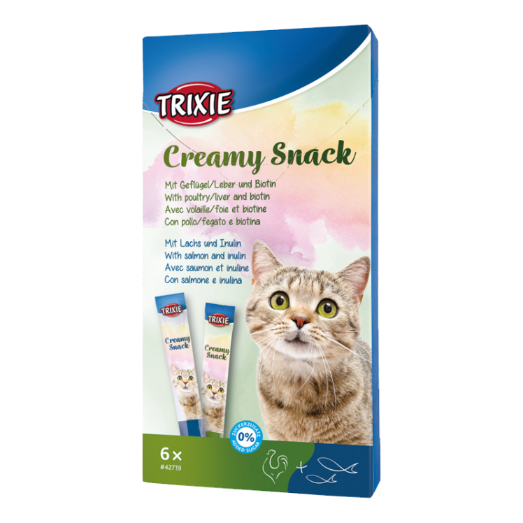 عکس بسته بندی بستنی گربه تریکسی مدل Creamy Snack با طعم ماهی سالمون و گوشت پرندگان بسته 6 عددی