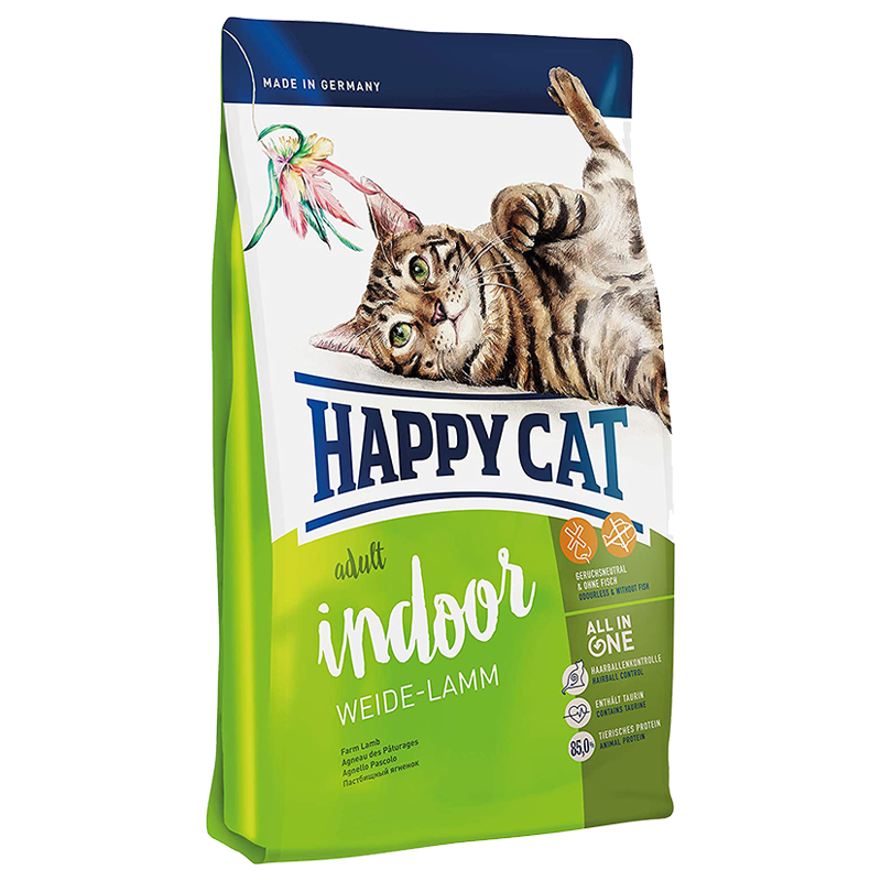  عکس بسته بندی غذای خشک گربه هپی کت مدل Adult Indoor Weide-Lamm وزن 10 کیلوگرم 