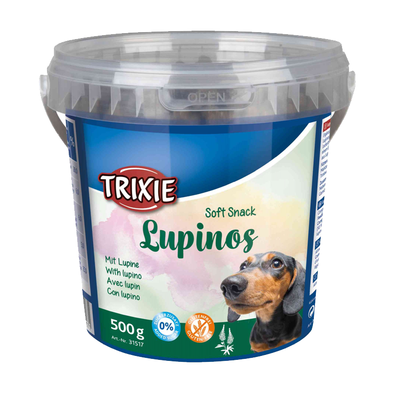  عکس بسته بندی تشویقی سگ تریکسی مدل Lupinos با طعم گوشت پرندگان وزن 500 گرم 