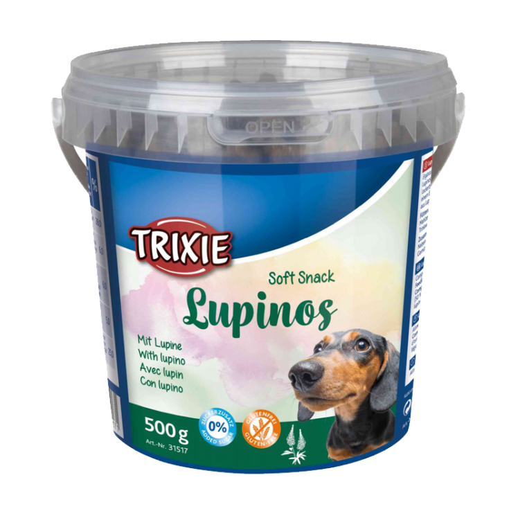 عکس بسته بندی تشویقی سگ تریکسی مدل Lupinos با طعم گوشت پرندگان وزن 500 گرم