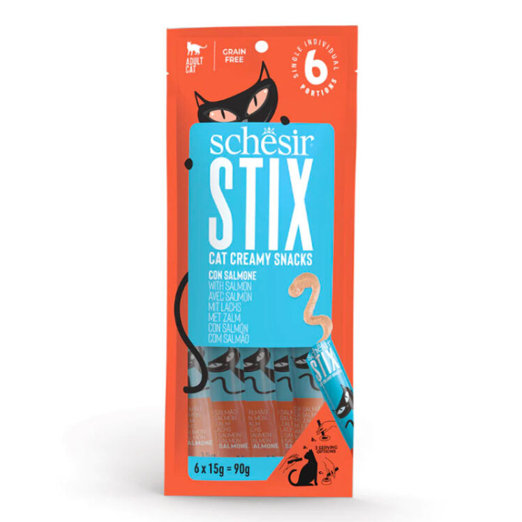 تصویر بستنی گربه شسیر با طعم ماهی سالمون Schesir Stix Salmon Flavour Cream Snacks بسته 6 عددی از نمای رو به رو