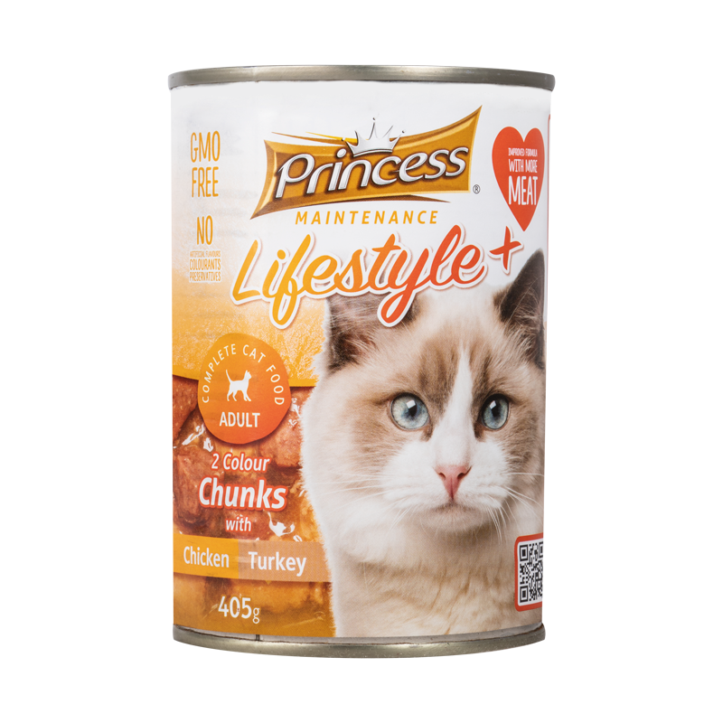  عکس بسته بندی کنسرو غذای گربه پرینسس مدل LifeStyle+ Chicken & Turkey وزن ۴۰۵ گرم 