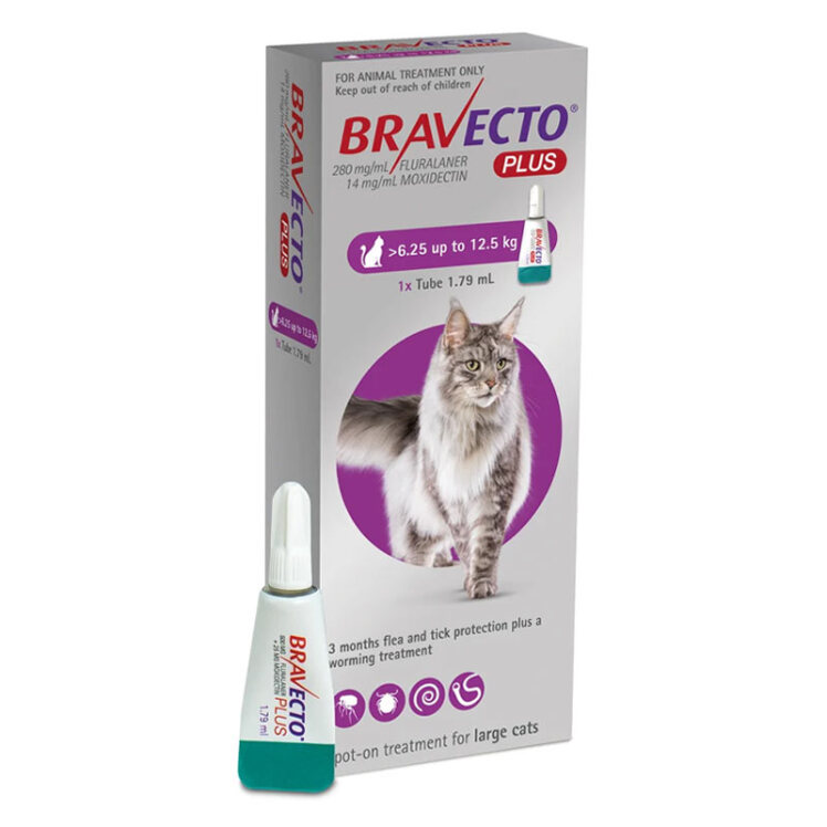 تصویر بسته بندی قطره موضعی ضدکک و کنه براوکتو مناسب گربه بزرگ با وزن 6.25 تا 12.5 کیلوگرم