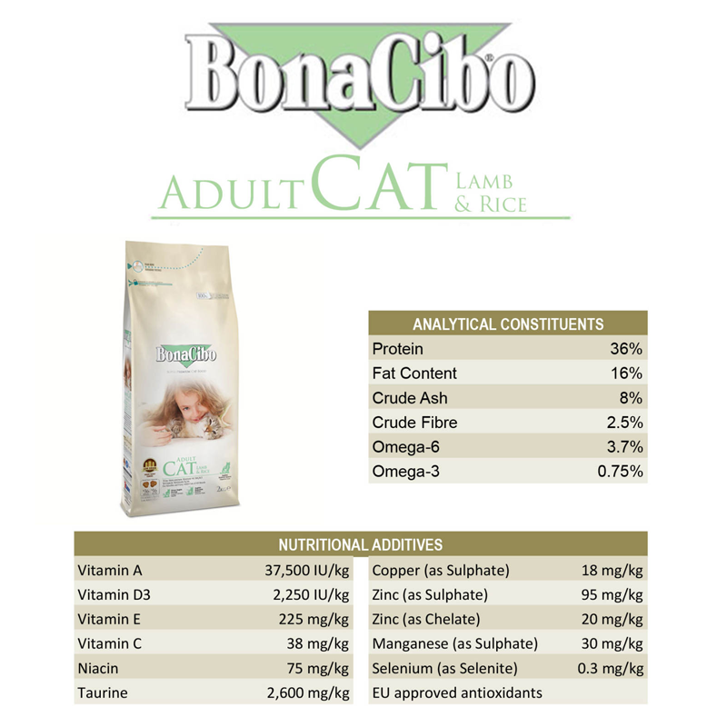  عکس اطلاعات غذای خشک گربه بوناسیبو مدل Adult Lamb & Rice وزن 2 کیلوگرم 