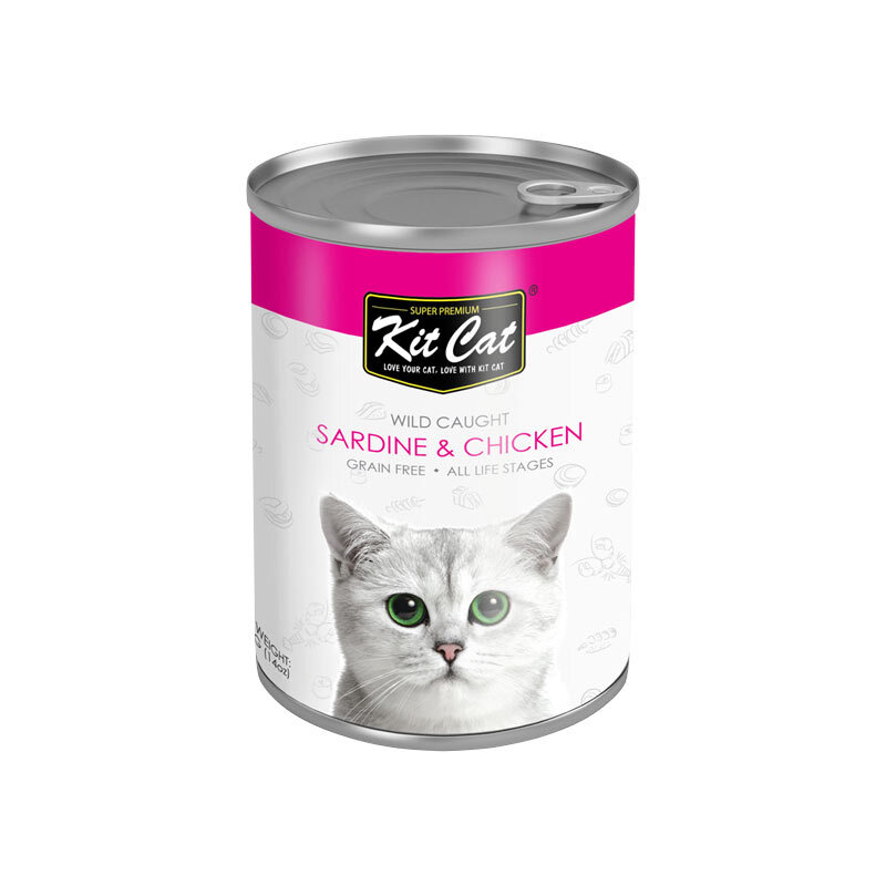  تصویر کنسرو غذای گربه کیت کت با طعم ماهی ساردین و مرغ KitCat Sardin & Chicken وزن 400 گرم 