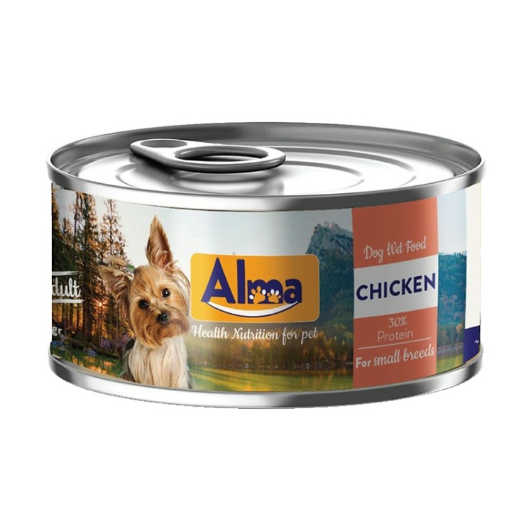 عکس بسته بندی تبلیغاتی کنسرو غذای سگ آلما مدل Chicken وزن 120 گرم