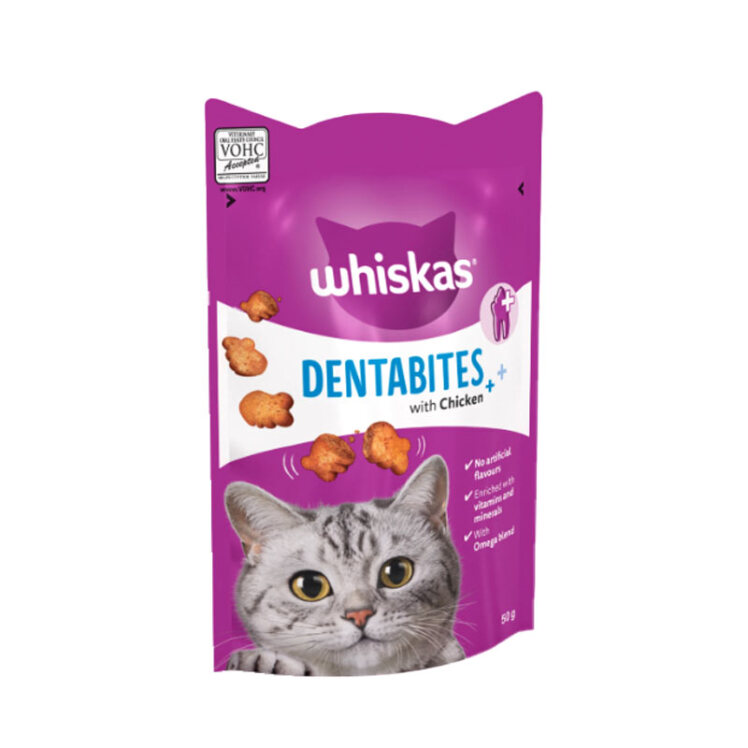 تصویر بیسکویت تشویقی دنتال گربه ویسکاس با طعم مرغ Whiskas Cat Dental Treat Biscuits with Chicken وزن 50 گرم