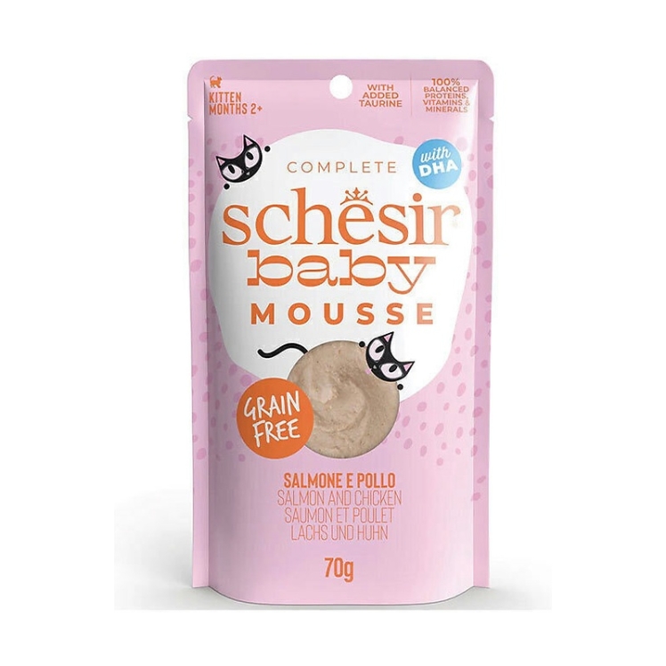 عکس نمونه پوچ بچه گربه شسیر با طعم مرغ و سالمون Schesir Baby Mousse Chicken & Salmon وزن 70 گرم